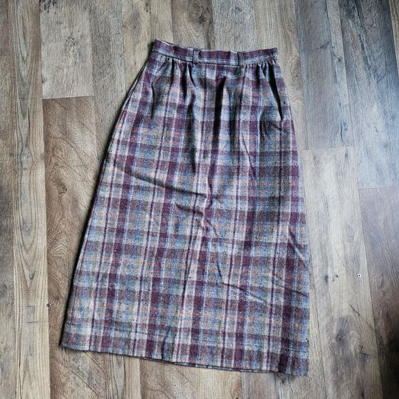 Vintage Wool Plaid A-Line Skirt Tartan Check High Waist 24" Lined Side Pockets - Picture 1 of 7
